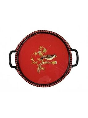 Vintage German US Zone Red Black Celluloid Goldfinch Bird Tray Bobbin Handle
